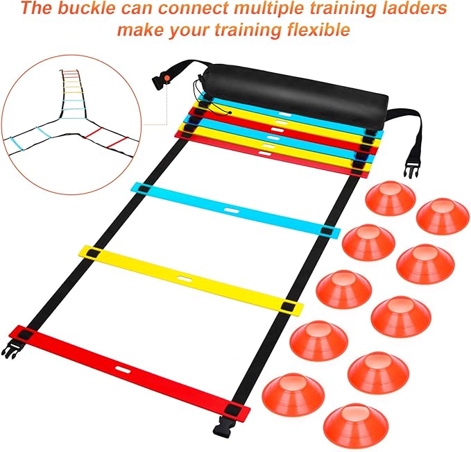 Agility Ladder Speed Training Equipment, 9 Rung 13FT Sports Agility Ladders Set Workout Ladder with 10 Disc Cones for Soccer, Speed, Football Fitness Feet Training