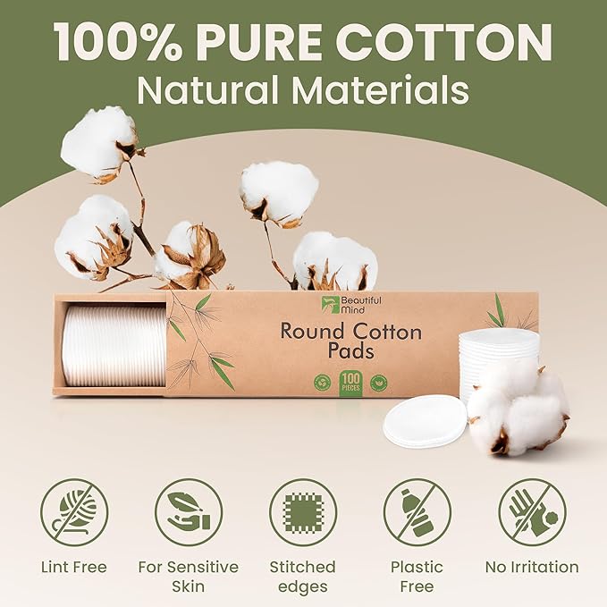 Cotton Round Pads for Face 100 Pack - 3 Layer Eye Makeup and Nail Polish Remover - Lint Free Cleansing Circle Pad for Facial Exfoliating, Toner - Travel Size Skin Care Rounds