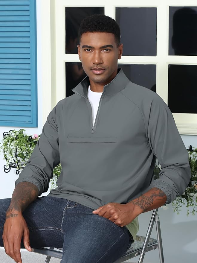 Aulemen Men's Casual Quarter Zip Pullover-Athletic Windbreaker Lightweight Jackets Hiking Golf for Men Mock Neck with Pockets