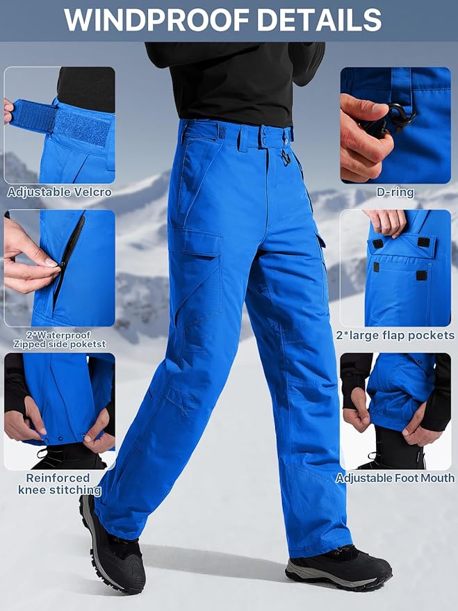 FREE SOLDIER Men's Waterproof Snow Insulated Pants Winter Skiing Snowboarding Pants with Zipper Pockets