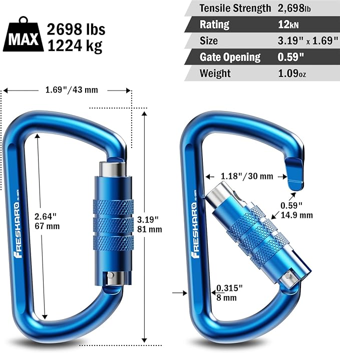FresKaro 3inch 12kN-2698lbs Auto Locking Carabiner Clips, Solid D Shape, Heavy Duty 7075 Aluminum, Lightweight 1.09oz, Rust Proof, for Hammock, Hiking, Dog Leash, Keychain etc., Multi-Colors
