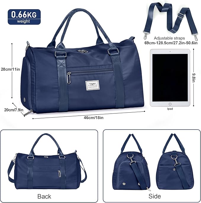 FIORETTO Womens Gym Tote Duffle Bag with Wet Pocket & Shoe Compartment, Sports Duffel Overnight Weekender Hospital Workout Carry on Bag for Girls, Ideal for Travel, Swimming, Dance, Ballet Navy Blue