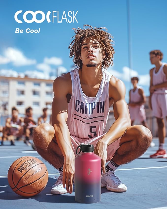 Coolflask 128 oz Gallon Water Bottle Insulated with Straw&3 Lids, Water Jug Large Stainless Steel Metal Vacuum Wide Mouth for Sports, Gym or Office, Non-BPA Keep Cold 48H Hot 24H, Ombre Wine/Navy