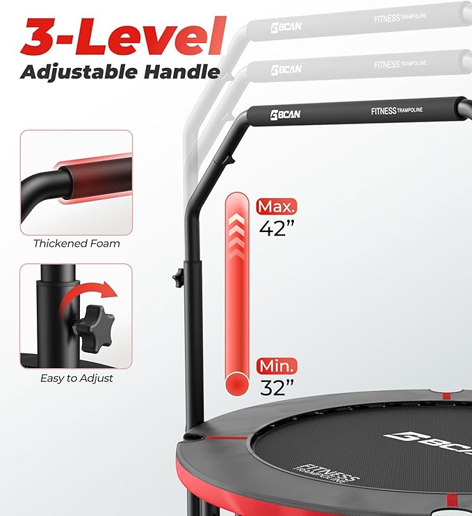 BCAN 40"/48" Foldable Mini Trampoline, Rebounder Trampoline for Adults, U/T Shape Adjustable Foam Handle, Exercise Rebounder for Adults Indoor/Garden Workout, Max Load 330lbs/440lbs