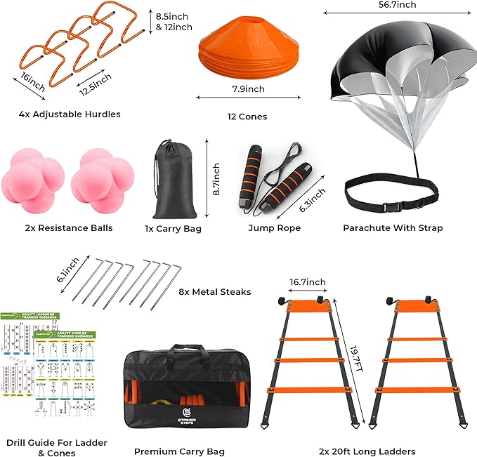 Agility Ladder Speed Training Equipment Set-2x 20ft Agility Ladder,12 Soccer Cones,4 Adjustable Hurdles, Jump Rope, Running Parachute| Basketball Football Soccer Training Equipment for Kids Adults