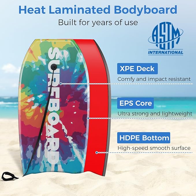 Goplus 41''/37''/33'' Lightweight Body Board for Beach, Surf Board with EPS Core, XPE Deck, HDPE Slick Bottom, Wrist Leash, Bodyboard for Kids Adults Surfing