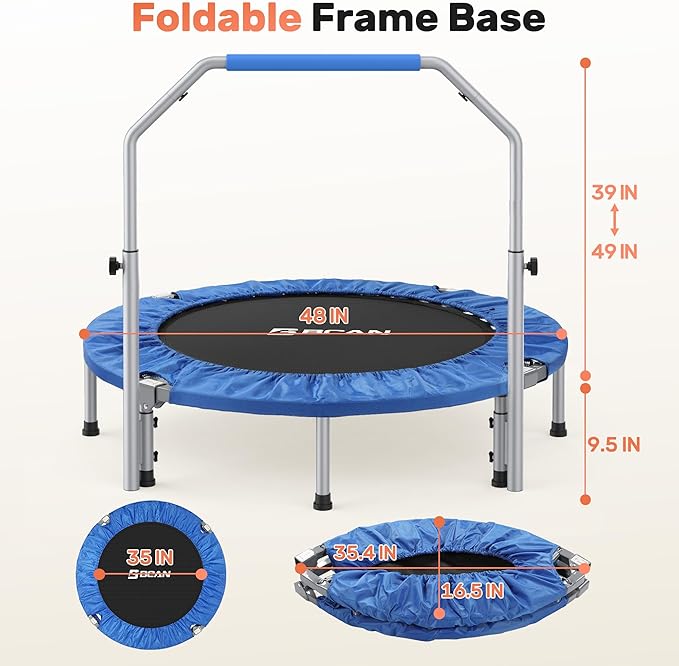 BCAN 40/48" Foldable Mini Trampoline Max Load 330lbs/440lbs, Fitness Rebounder with Adjustable Foam Handle, Exercise Trampoline for Adults Indoor/Garden Workout