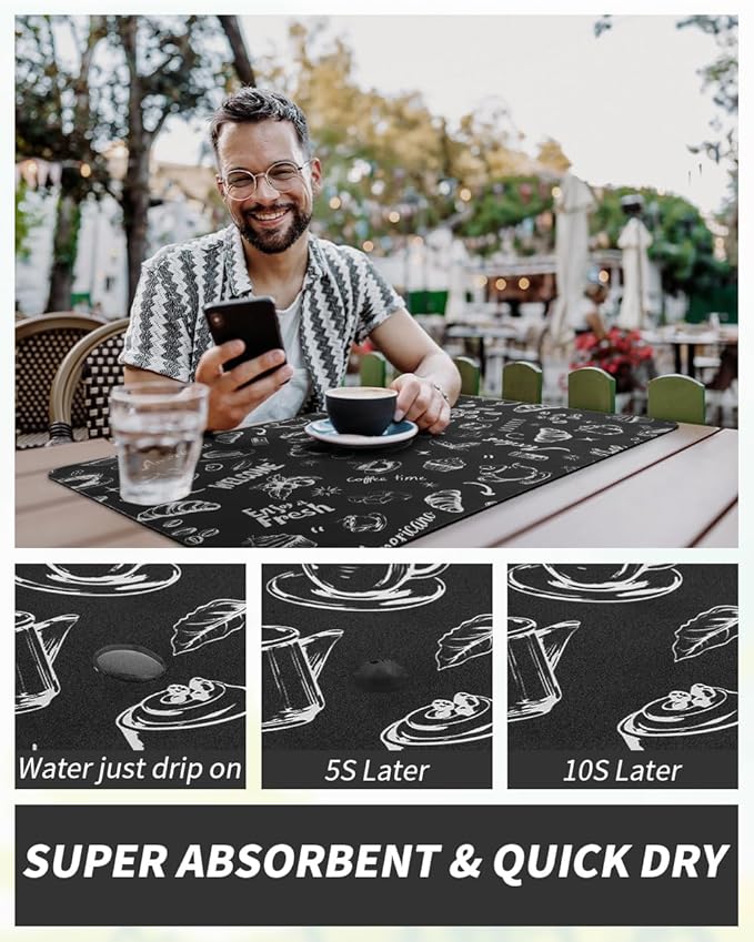 AMOAMI Coffee Mat Hide Stain Rubber Backed Absorbent Dish Drying Mat for Kitchen Counter - Fits Under Coffee Maker & Espresso Machine (16X24, Ink)