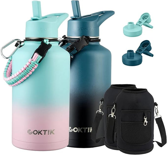 Half Gallon Insulated Water Bottle, 64 oz Triple Wall Stainless Steel Flask, Cold for 48 Hrs Leak-Proof & BPA-Free Jug with Paracord Handle, Straw & Spout Lids(2 pack,Mix Color)