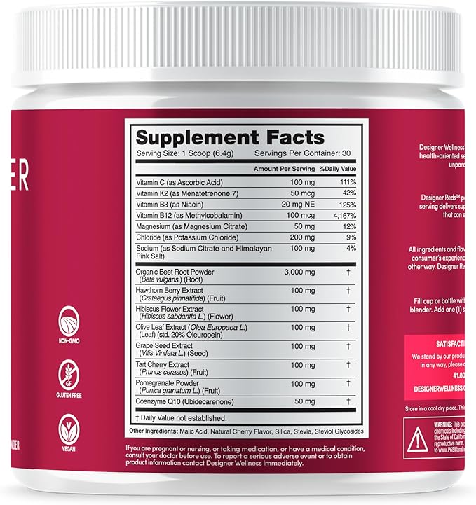 Designer Wellness, Designer Reds, Daily Superfood Powder with Beet Root, Support for Energy, Stress, Immune Health, Heart Health, and Digestive Health, Cherry Berry, 30 Servings