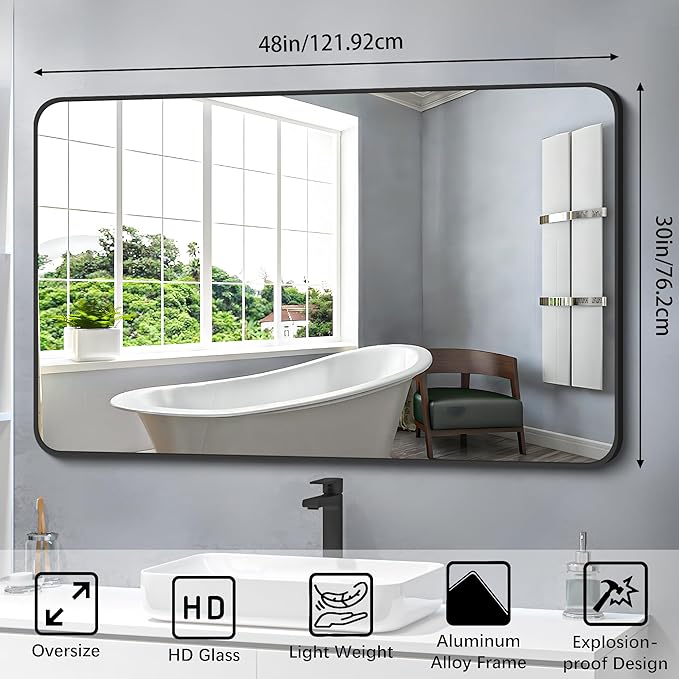FORBATH Black Bathroom Mirror, Rectangular Vanity Mirror 30 x 48 Inch Wall Rounded Corner Metal Framed Bathroom Mirror for Living Room Bedroom Entryway Decor (Horizontal/Vertical)
