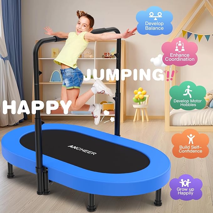 ANCHEER 56" Double Mini Trampoline for Kids, Mini Rebounder with 5-Level Adjustable Handle, Parent-Child Trampoline for Kids, Max Load 220lbs, Fun for Indoor/Outdoor