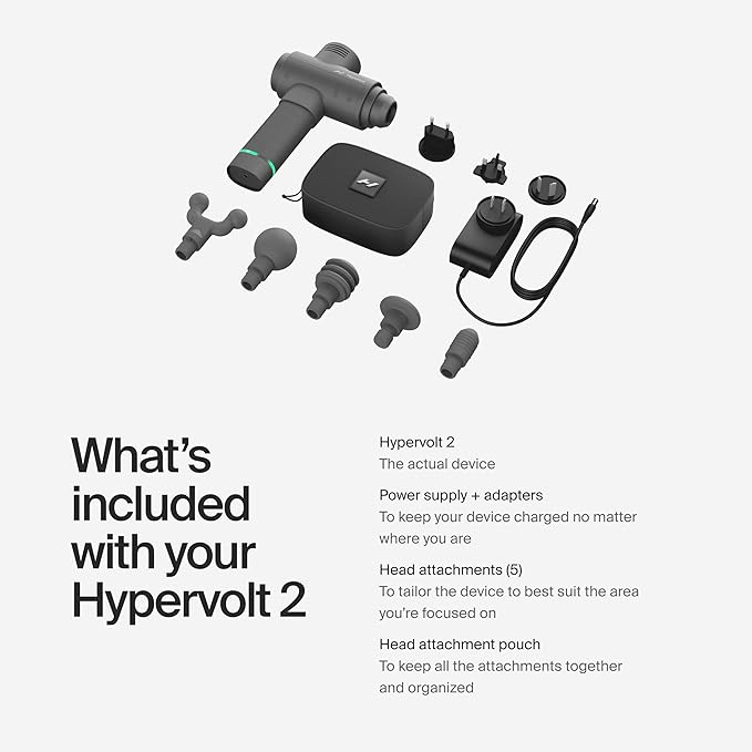 Hyperice Hypervolt 2 Grey - Featuring Quiet Glide Technology - Handheld Percussion Massage Gun | 3 Speeds, 5 Interchangeable Heads | Helps Relieve Sore Muscles and Stiffness