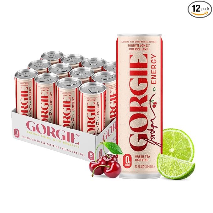 GORGIE Jordyn Jones Cherry Lime, Sugar-Free Natural Energy Drink Sparkling, Healthy Energy Drinks - Green Tea, Biotin, B Vitamins -150mg Caffeine, Vegan, & Low Calorie (Pack of 12)