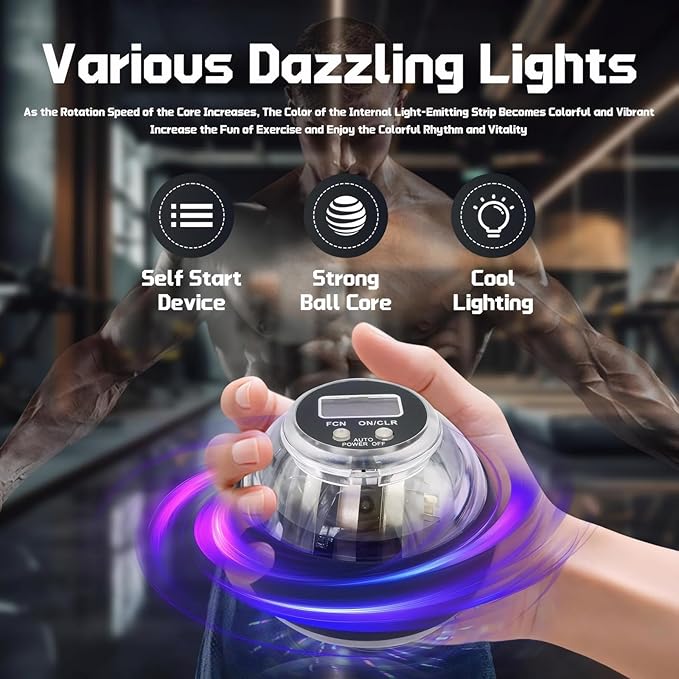 Cura Ball Hand Exerciser, Torque Gyro Ball Wrist Exerciser with LED Lights and Counter, Parallel Halo Power Wrist Ball for Strengthen Grip Strength, Arms, Fingers & Muscles, With Storage Pouch