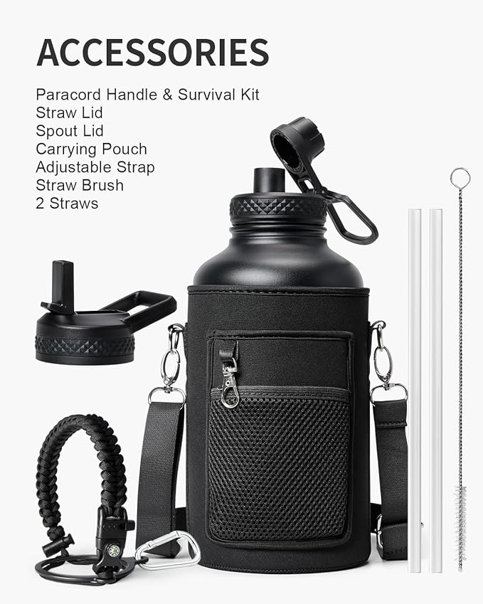 64oz Insulated Water Bottle,Half Gallon Water Flask Stainless Steel Vacuum, Cold for 48 Hrs,BPA-Free & Leakproof -with Paracord Handle,Strap,Straw Spout Lids,Large Jug for Gym Sports,Black
