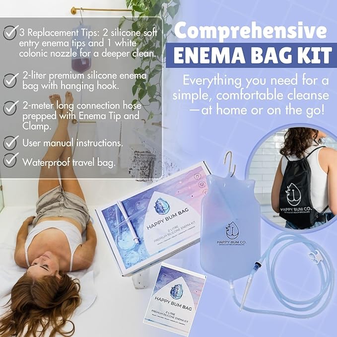 Happy Bum Bag Enema Kit | 6.5ft Silicone Hose, 2L Non-Toxic Silicone Enema Bag with 3 Replacement Tips | Reusable Coffee Enema Kit Suitable for Water & Coffee Enemas for Colon Cleanse for Women & Men