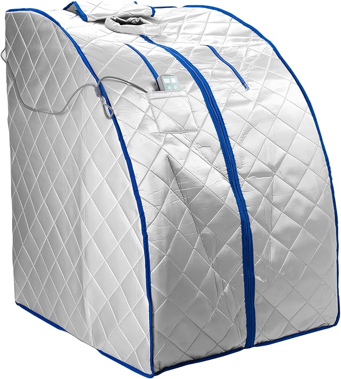 Infrared FAR IR Negative Ion Portable Indoor Personal Spa Sauna by Durherm with Air Ionizer, Heating Foot Pad and Chair, 30 Minutes Timer, Large, Silver