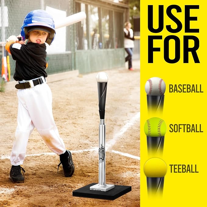 Baseball Batting Tee - Professional Hitting Tee for Baseball/Softball with Weighted Base,Flexible Rubber Top, Premium Aluminum Baseball Tee, Easy Adjust Height 24-46 inches For Kids or Adults