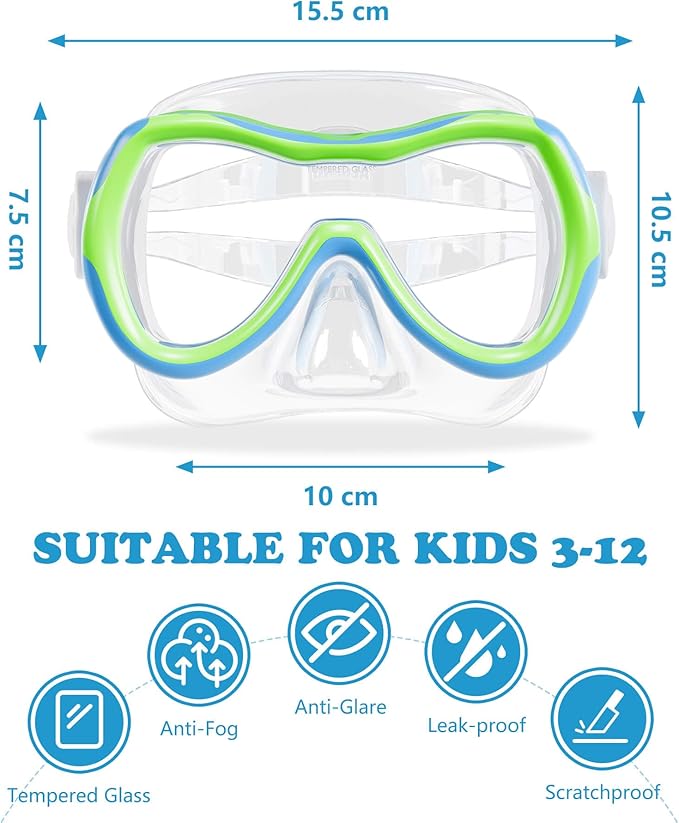 Aegend Kids Swim Mask Goggles, Tempered Glass 180° HD Wide View with Nose Cover