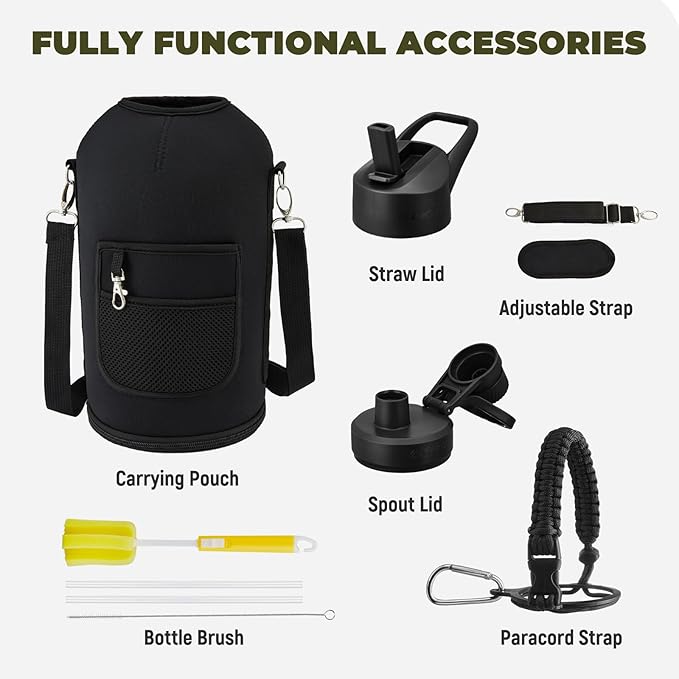 COKTIK 128 oz Insulated Water Bottle, Triple Wall Stainless Steel Flask, Keeps Drinks Cold for 48 Hrs Leak-Proof & BPA-Free Half Gallon Jug with Paracord Handle, Straw & Spout Lids(Black)