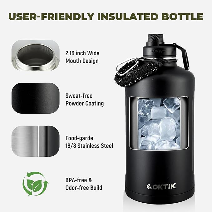 COKTIK 128 oz Insulated Water Bottle, Triple Wall Stainless Steel Flask, Keeps Drinks Cold for 48 Hrs Leak-Proof & BPA-Free Half Gallon Jug with Paracord Handle, Straw & Spout Lids(Black)