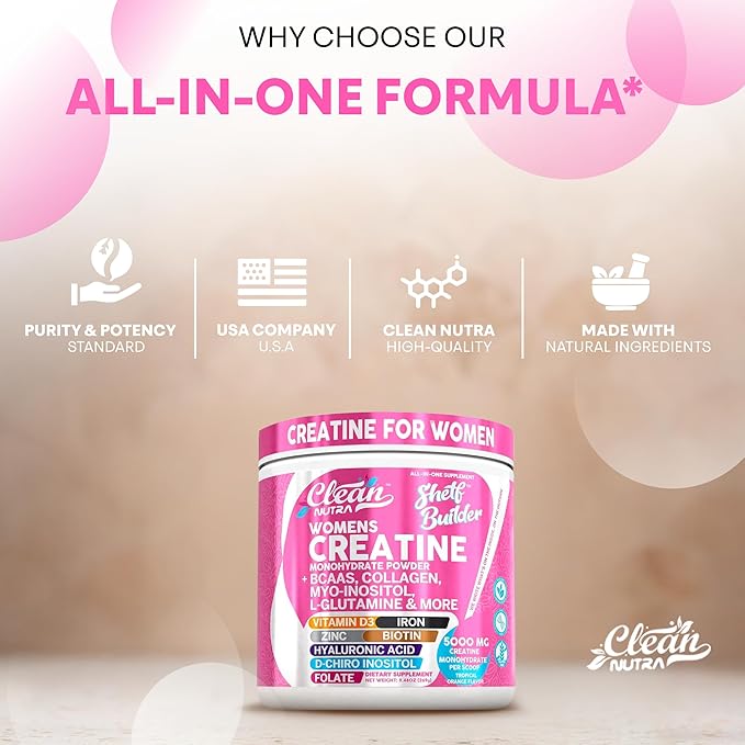 Creatine for Women | Creatine Monohydrate + BCAA Powder Myo-Inositol Collagen Biotin Hyaluronic Acid Folate L Glutamine Vitamin D3 Iron Zinc D-Chiro-Maca Digestion Shelf Builder by Clean Nutra