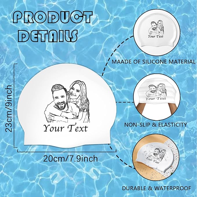 Custom Swim Cap with Photo Personalized Silicone Swim Cap for Men and Women Swimming Customized Swimmers Cap for Short and Medium Length Hair