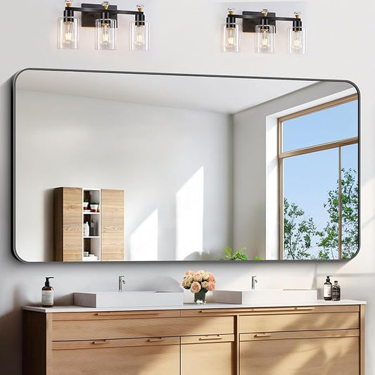 FORBATH Large Bathroom Mirror 72x36 Inches, Black Oversized Wall Mirror for 2 Sinks Aluminum Frame Full Length Rounded Corner Morndern Mirror for Bathroom Bedroom Entryway Living Room