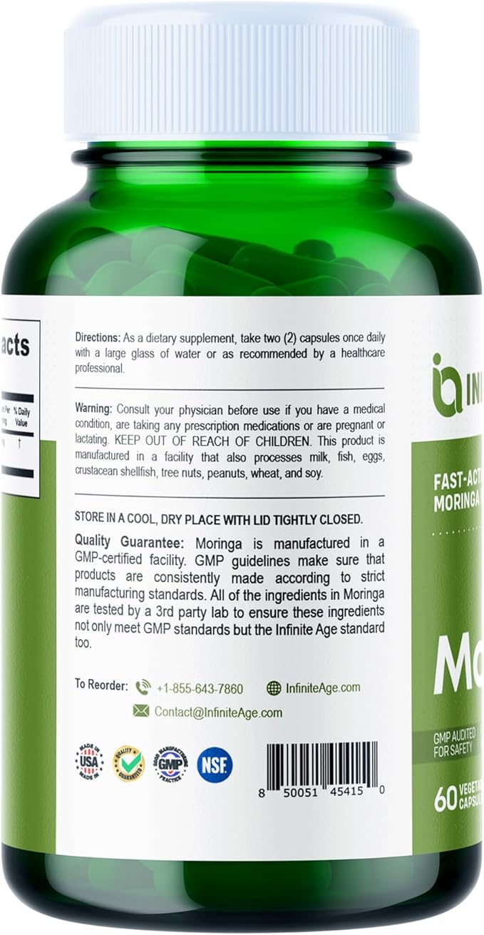 INFINITE AGE 1000mg Organic Moringa Leaf Powder Capsules, 60 Count - Made in The USA, Vegan, Gluten Free, All-Natural - Antioxidants, Liver and Kidney Support Supplement