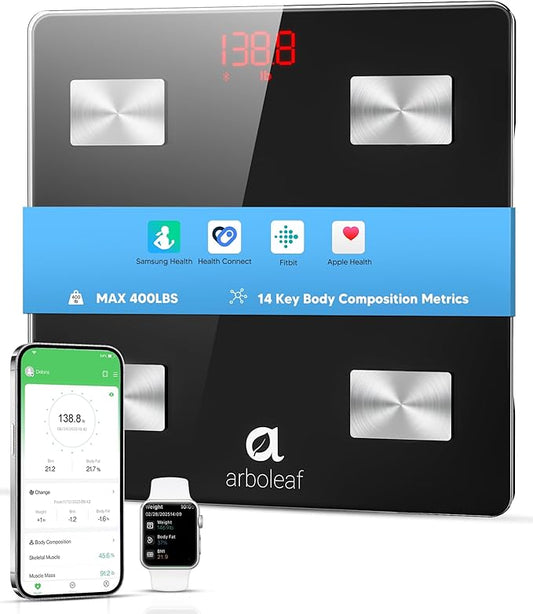 arboleaf Smart Scale for Body Weight and Fat, Bluetooth Digital Bathroom Scale, Body Composition Analyzer with App, 14 Metrics Include BMI, 400lb Capacity(Black)