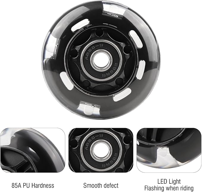 8pcs Inline Skate Wheels Led Light-Up Wheels 64/70/72/76/80mm w/Bushings 85-88A for Kids and Youth Beginners Children's Inline Skates Indoor/Outdoor Use (Black, 80mm)