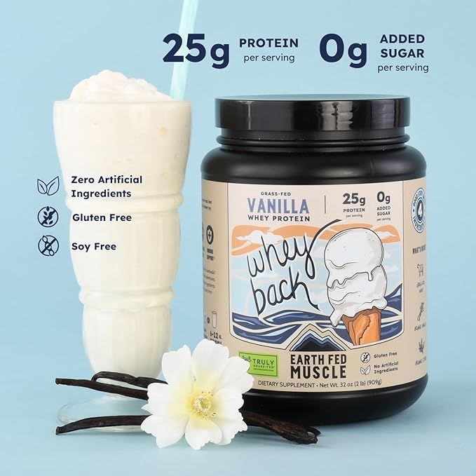 Earth Fed Muscle Whey Back Irish Grass Fed Whey Protein Isolate - NSF-Certified. No Artificial Ingredients, Soy Free, Gluten Free, Non-GMO and Hormone Free (2 Pound, 29 Servings, Vanilla)