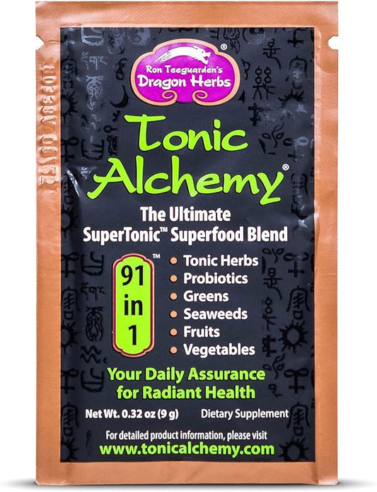 Dragon Herbs Tonic Alchemy Superfood Greens Powder - Single Serve Packet - 91 Ingredients: Tonic Herbs, Ashwagandha, Mushrooms, Prebiotics, Probiotics, Super Greens, Seaweeds, Fruits, Spirulina