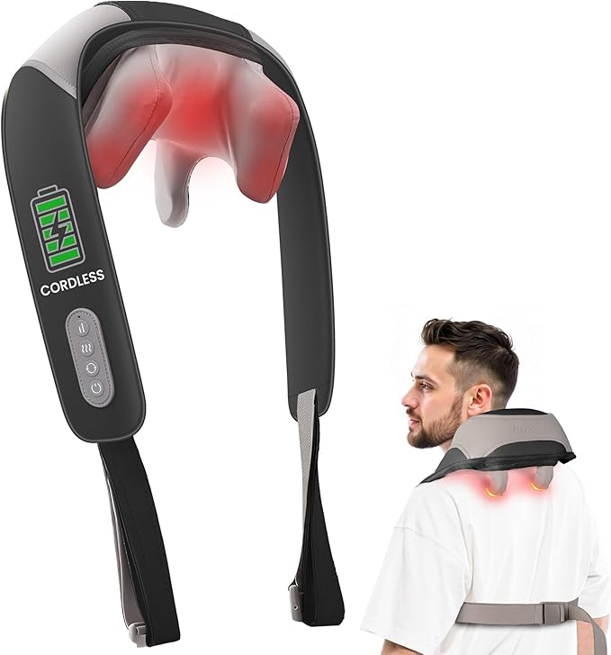 Cordless Neck and Shoulder Massager with Heat, Shiatsu Neck Back Massager Deep Tissue, 3 Massage Intensity & 3 Heating Area, Gifts for Women, Men