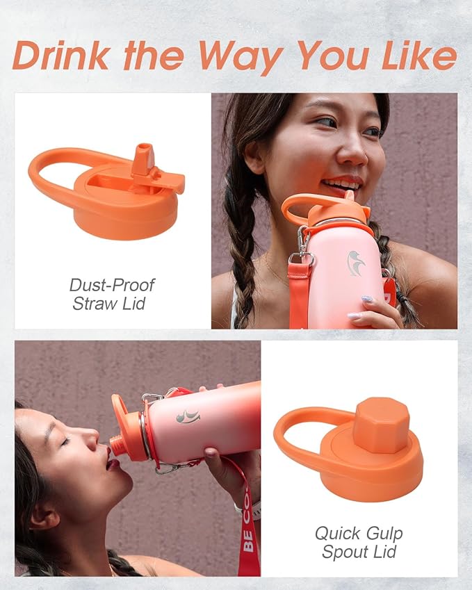 Coolflask Insulated Water Bottle with Straw, 40 oz Metal Water Flask with Straw & Spout Lids, Stainless Steel Double Wall Vacuum, Keep Cold 48h Hot 24h, Leak Proof & Non-BPA, Sunny Orange
