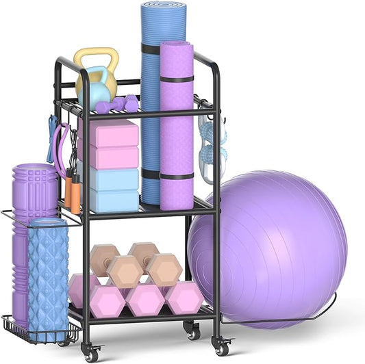 Home Gym Storage Rack Exercise Equipment Storage Organizer for Yoga Mat Dumbbells Kettlebells Foam Roller Yoga Strap & Resistance Bands, Ideal Yoga Mat Holder & Workout Equipment Organizer