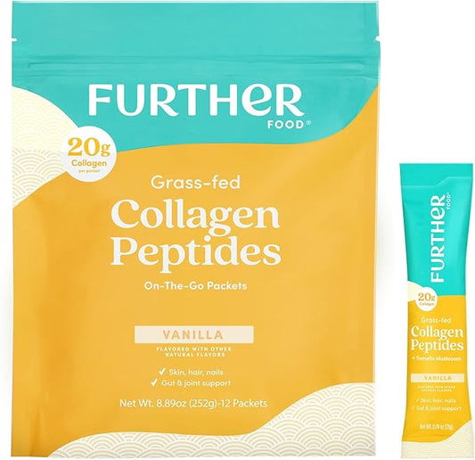 Further Food Vanilla Collagen Peptides Powder Stick Packs, Grass-Fed Pasture-Raised Hydrolyzed Type 1 & 3 Protein, Gut Health + Joint, Hair, Skin, Nails, Paleo Keto Sugar-Free 8.89 oz