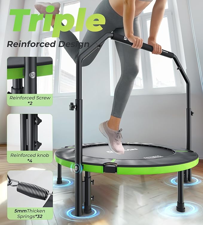 BCAN 40"/48" Foldable Mini Trampoline, Rebounder Trampoline for Adults, U/T Shape Adjustable Foam Handle, Exercise Rebounder for Adults Indoor/Garden Workout, Max Load 330lbs/440lbs