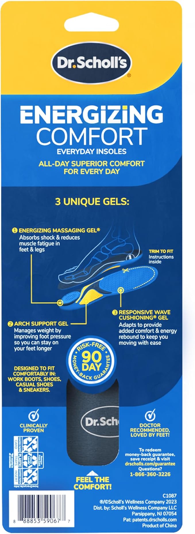 Dr. Scholl’s Energizing Comfort Women’s Everyday Insoles with Massaging Gel - Clinically Proven, All-Day Energy and Comfort Inserts, Patented Triple Gel Design, Shock Absorbing, Arch Support: 2 Pairs