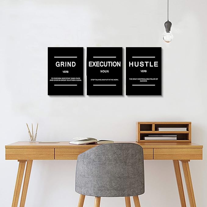 Framed Canvas Wall Art Success Quote, Office Wall Art, Black Large Poster, Positive Motivational Set of 3 Prints, Execute Failure Definition, Inspirational Print (B-3pcs,12x16inchx3pcs)