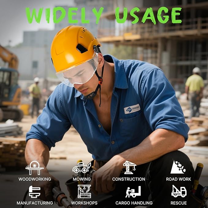 AOLAMEGS Construction Yellow Hard Hats - ANSI Z89.1 Class C Approved Adjustable Vented Hard Hat with Clear Visor for Men Women 6-Point Suspension ABS Safety Helmet for Outdoor Height Work