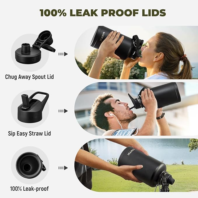 COKTIK 84oz Water Bottle with Straw - Triple Insulated Flask, 48hr Cold Retention Large Water Bottle, Leakproof Water Jug for Gym, Hiking, Camping, Outdoor Sports (2 pack,Black)