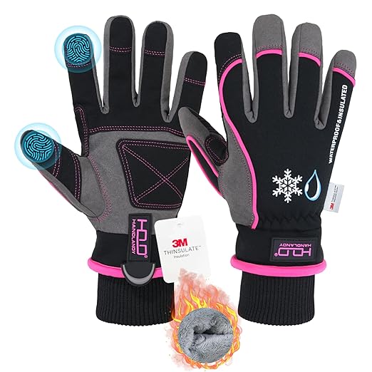 HANDLANDY Waterproof Insulated Work Gloves, 3M Thinsulate Thermal Winter Gloves for Men Women Touch Screen, Warm Ski Snowboard Cold Weather Gloves (Large, Pink)