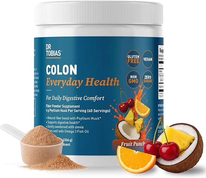 Dr. Tobias Colon Everyday Health - Gut Health for Women & Men - Psyllium Fiber Powder Drink with 4g Psyllium Husk Powder per Serving, Vegan, Gluten Free, Non-GMO, Fruit Punch, 60 Servings