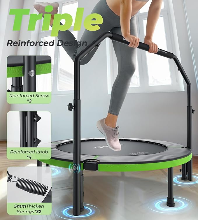 BCAN 40"/48" Foldable Mini Trampoline, Rebounder Trampoline for Adults, U/T Shape Adjustable Foam Handle, Exercise Rebounder for Adults Indoor/Garden Workout, Max Load 330lbs/440lbs