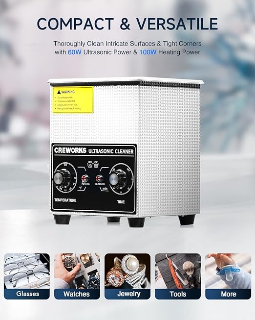 CREWORKS Ultrasonic Cleaner with Heater & Timer, 1/2 Gallon Stainless Steel 60W Ultrasonic Cleaning Machine with Degas & Gentle, 2L Sonic Machine for Professional Jewelry Watch Glasses Cleaning