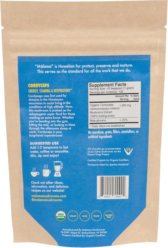Cordyceps Extract Powder by Malama, Organic Fruiting Body Cordyceps Mushroom Powder, Superfood Adaptogenic, Supports Energy, Endurance & Mood, 100 Servings