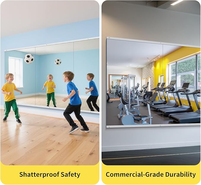 Home Gym Mirror - 48x24 Inch, 3PCS Frameless Tempered Glass Full Body Mirror for Wall Mount - Ideal for Yoga, Workout, Bedroom, Dance Studio (Silver)