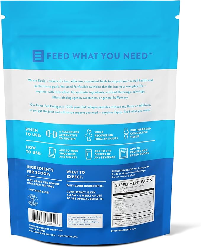 Equip Foods Grass Fed Collagen Powder | Hydrolyzed Bovine Collagen Peptides with Amino Acids | Prime Beef Collagen for Healthy Joints, Skin & Nails | Non-GMO, Paleo Friendly | 30 Servings, Unflavored